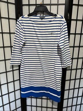 LL Bean Signature Blue and White Striped Midi Dress 3/4 Sleeve Nautical